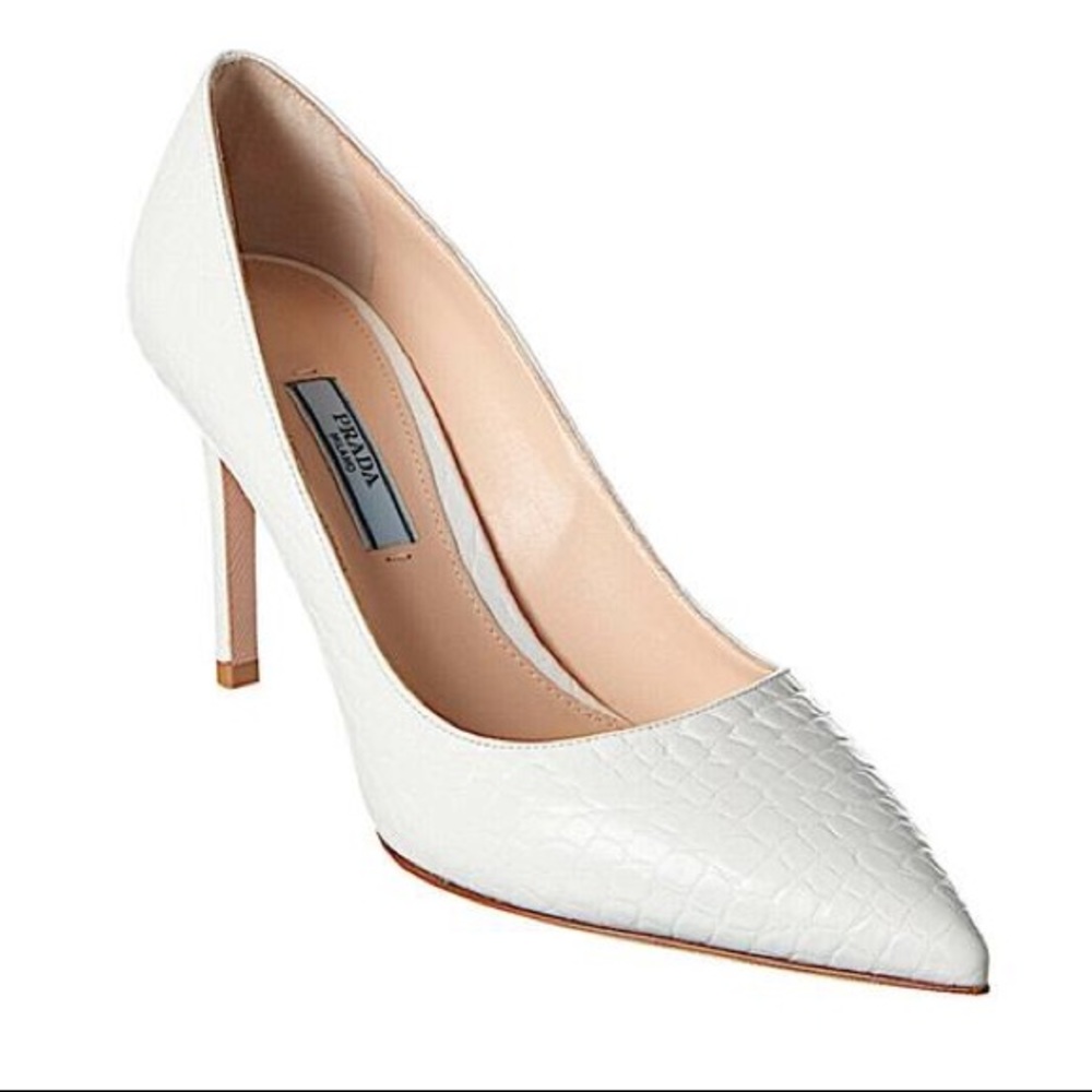 Prada White Croc Embossed Leather Stiletto Pump 37